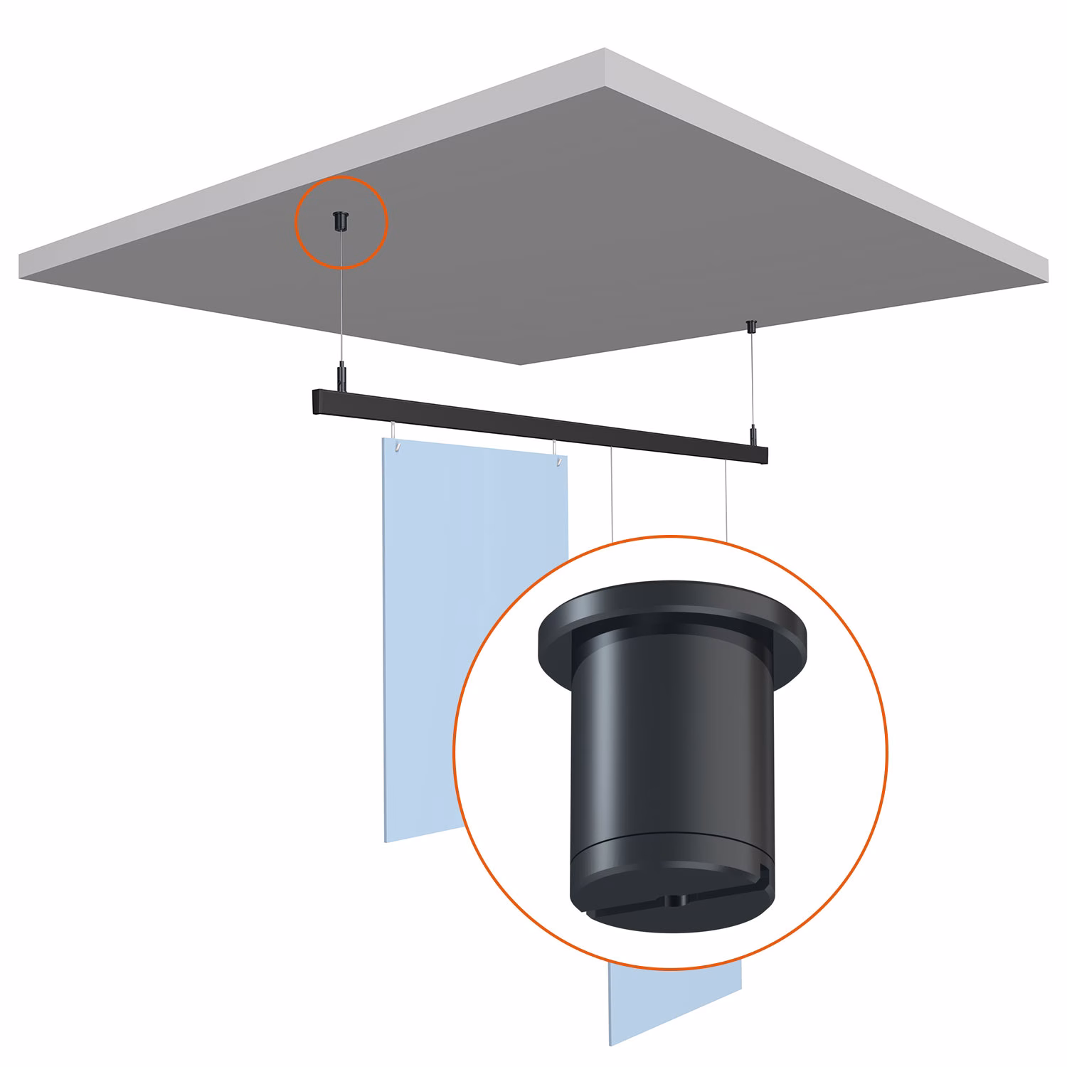 Deckenhalter-fu-r-1-2-mm-Stahlseil-mit-Gleiter-Detail Deckenhalter für 1,2 mm Stahlseil mit Gleiter, Detail