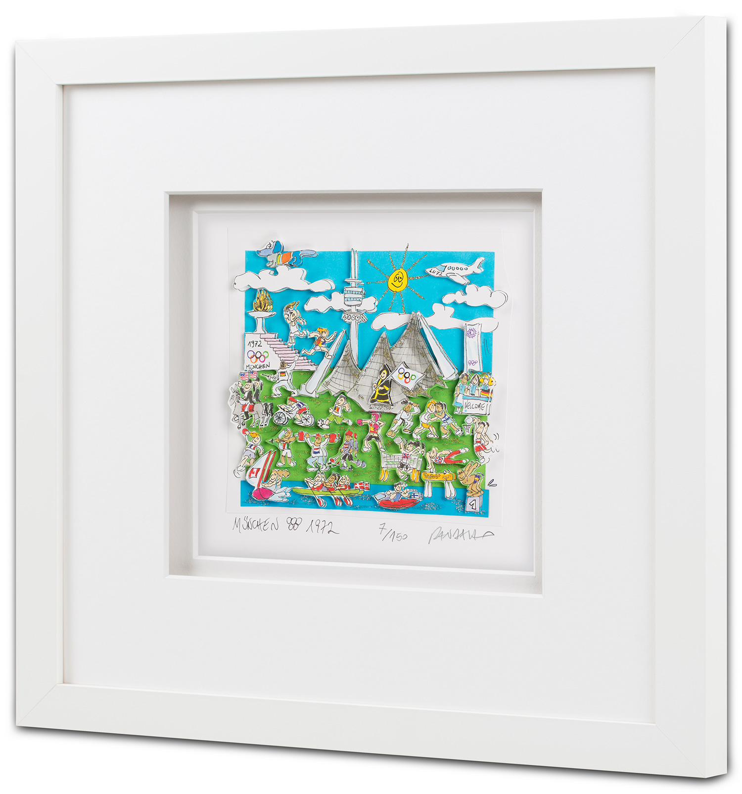 Paolo Randazzo - München 1972 Olympiade im Bilderrahmen, 40 x 40 cm 3D-Grafik "München 1972 Olympiade" von Paolo Randazzo, gerahmt in weißem Rahmen, 40 x 40 cm.