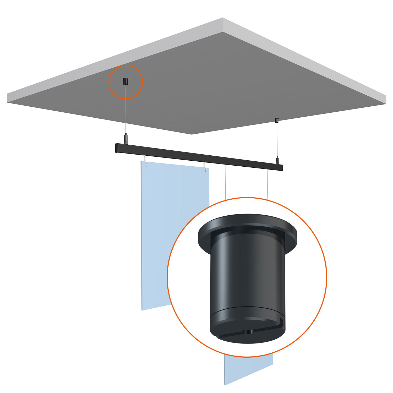 Deckenhalter für 1 2 mm Stahlseil mit Gleiter Detail Deckenhalter für 1,2 mm Stahlseil mit Gleiter, Detail