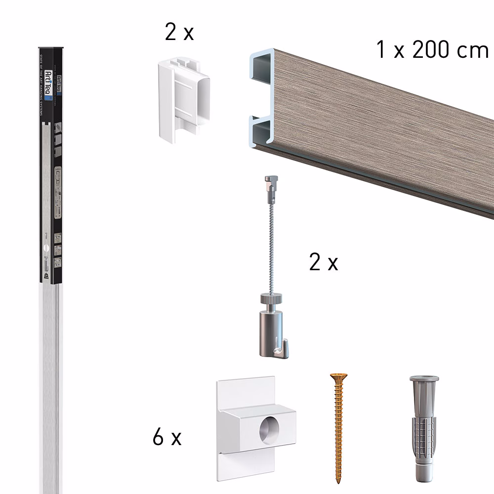 All-in-One Kit Click Rail 2 m silber mit 2 mm Stahlseil und Haken 15 kg