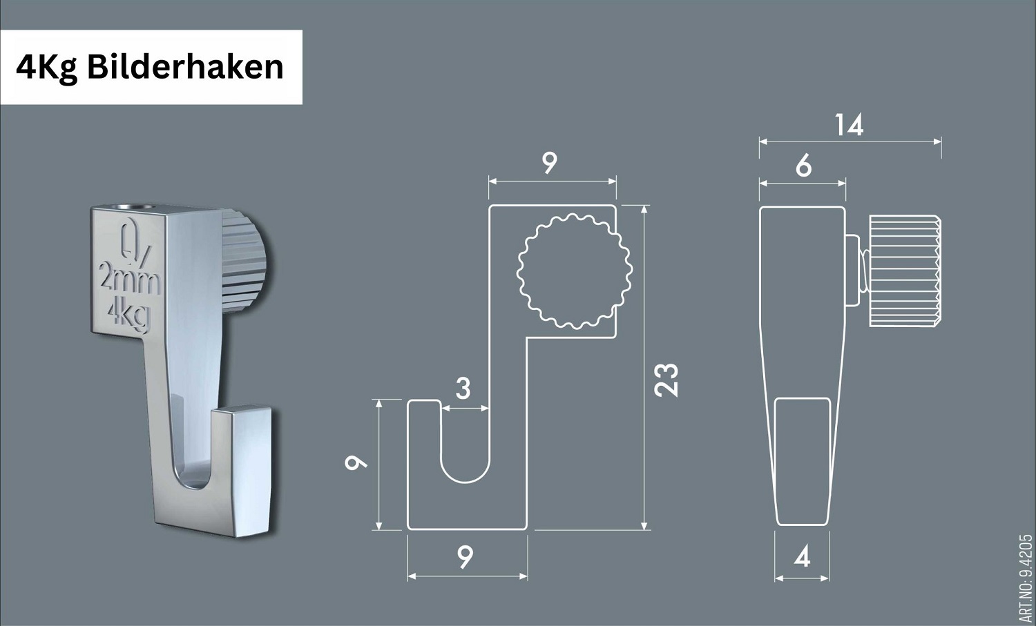 Maßgrafik zum Bilderhaken 4 kg für Bilderschienen, Abmessungen und Passung für 2-mm Seile, Artiteq