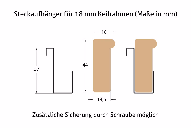Steckaufhänger für 18 mm Keilrahmen, Bemaßung